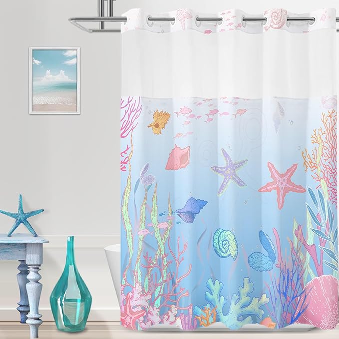 No Hook Shower Curtain with Snap in Liner, Beach Ocean Nautical Coastal Shower by TWLSNCD