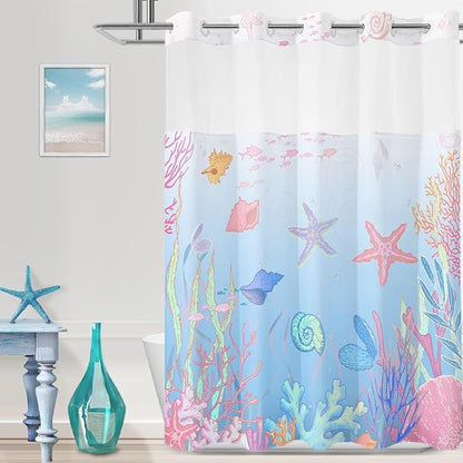 No Hook Shower Curtain with Snap in Liner, Beach Ocean Nautical Coastal Shower by TWLSNCD