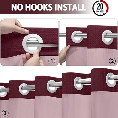 No Hook Shower Curtain and Liner Set, Burgundy Hotel Waffle Shower Curtain - Image 2