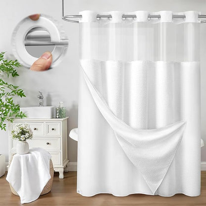 No Hook Shower Curtain with Fabric Liner White Hotel Waffle 75" L x 72" W by Unknown