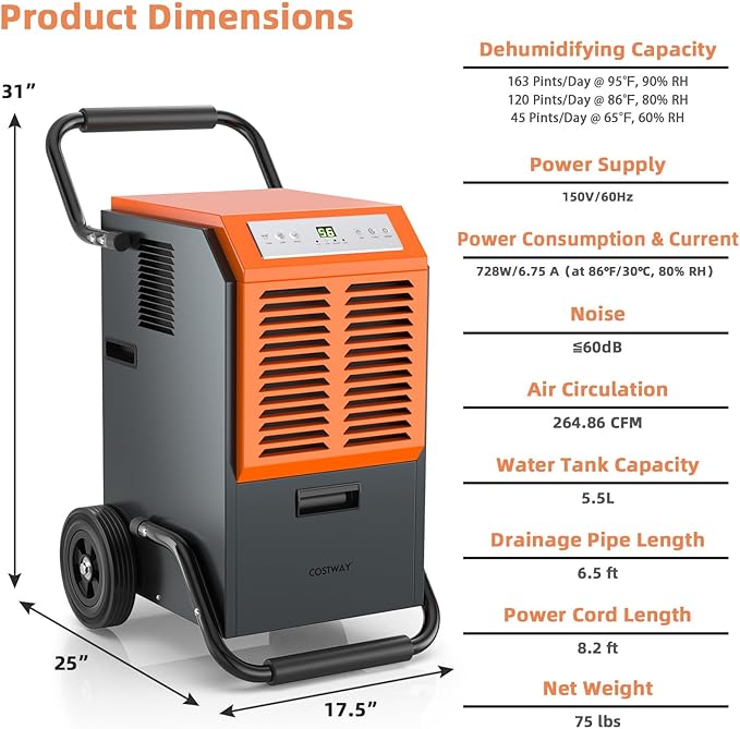 COSTWAY 163 Pints Commercial Dehumidifier, 4500 Sq.Ft Crawl Space Dehumidifier - Image 7