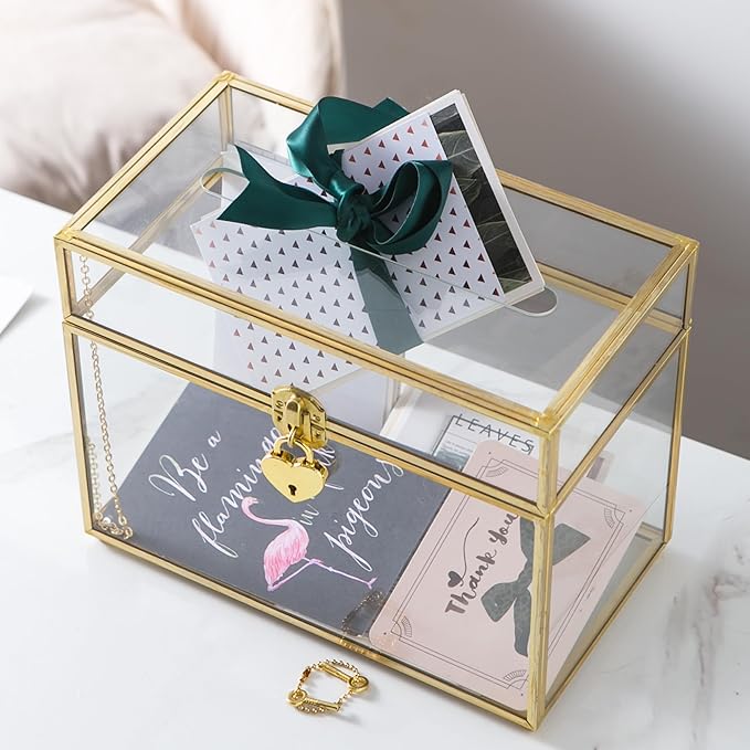 Glass Wedding Card Box with Slot and Lock, Large Clear Card Box Gold Brass Gift - Image 2