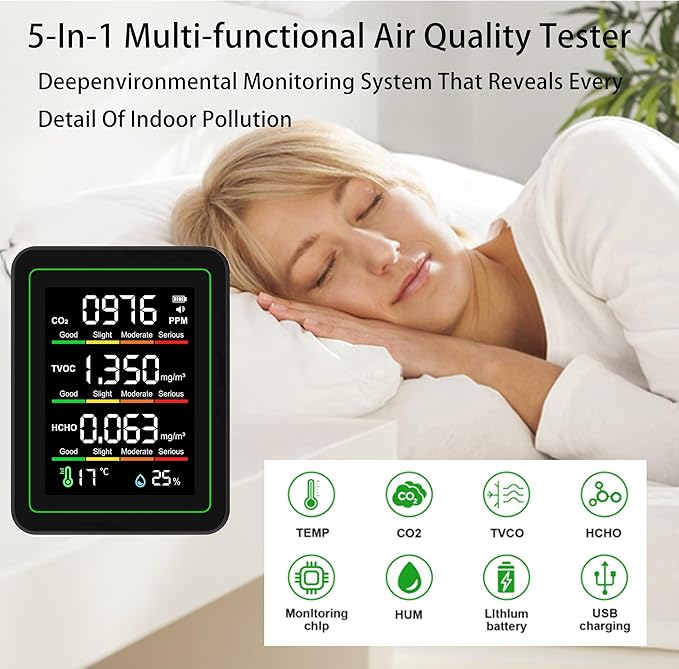 Professional Indoor Air Quality Monitor, 5 in 1 Portable Smartair Quality Tester - Image 2