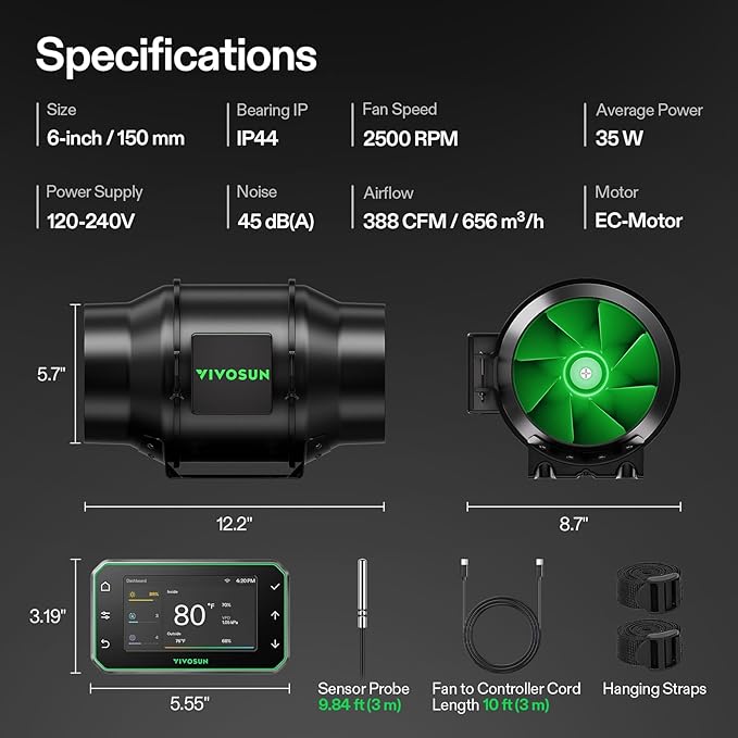 VIVOSUN G6 6" Inline Duct Fan & Temperature Humidity Controller, E42A+ WiFi-App - Image 9