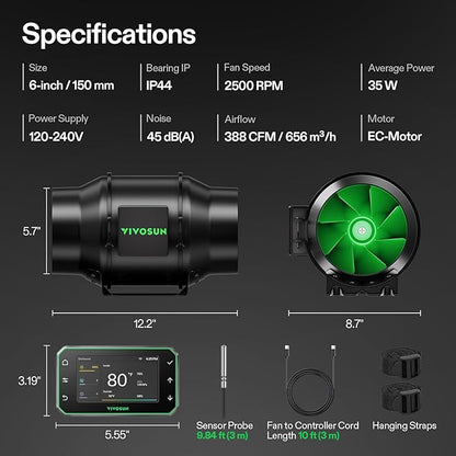 VIVOSUN G6 6" Inline Duct Fan & Temperature Humidity Controller, E42A+ WiFi-App - Image 9