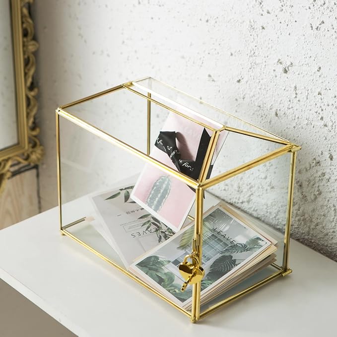 Glass Wedding Card Box with Slot, Large Clear Card Box 10.2 inch Gold Brass - Image 3