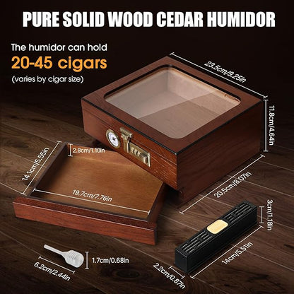 Cigar Humidor, Cedar Wood Humidor Cigar Box, Glass Top Desktop Humidor - Image 4