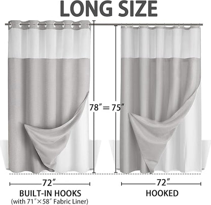 No Hook Shower Curtain and Liner Set, Light Grey Hotel Waffle Shower Curtain - Image 6