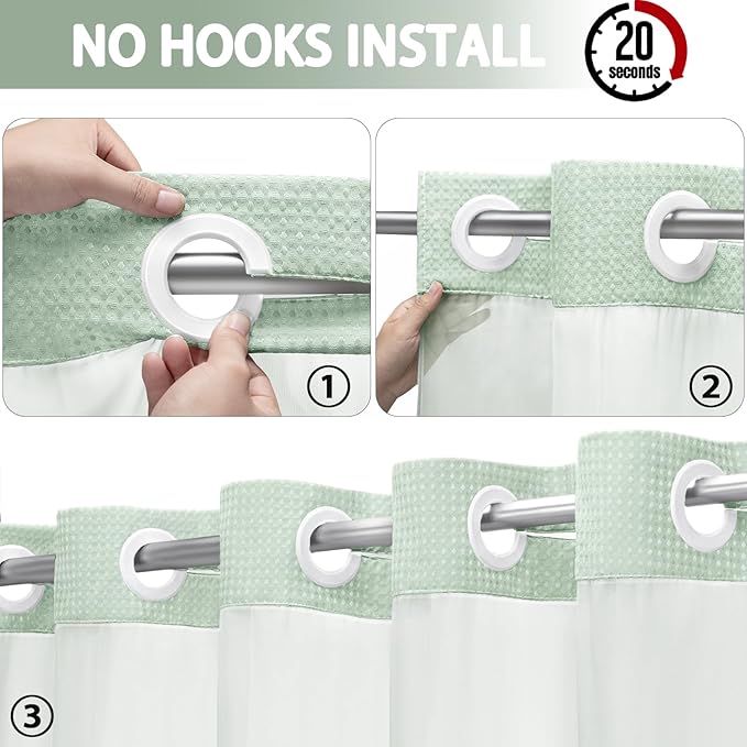 No Hook Shower Curtain and Liner Set, Mint Green Hotel Waffle Shower Curtain - Image 2