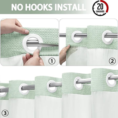 No Hook Shower Curtain and Liner Set, Mint Green Hotel Waffle Shower Curtain - Image 2