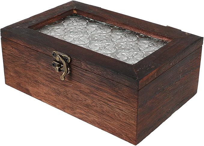 Wooden Jewelry Box with Glass Lid, Small Rustic Jewelry Display Case Storage by WATIIFUFU