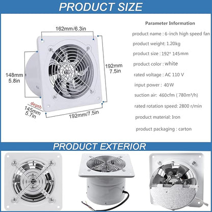 6'' Wall Mounted Exhaust Fan, 460CFM Metal Iron Ventilation Extractor, Silence - Image 3