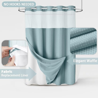 No Hook Shower Curtain and Liner Set, Cyan Hotel Waffle Shower Curtain - Image 3