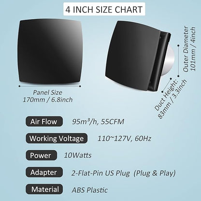 4in Black Bathroom Exhaust Fan for Window, 55CFM IPX4 ABS Plug-in Extractor Fan - Image 2