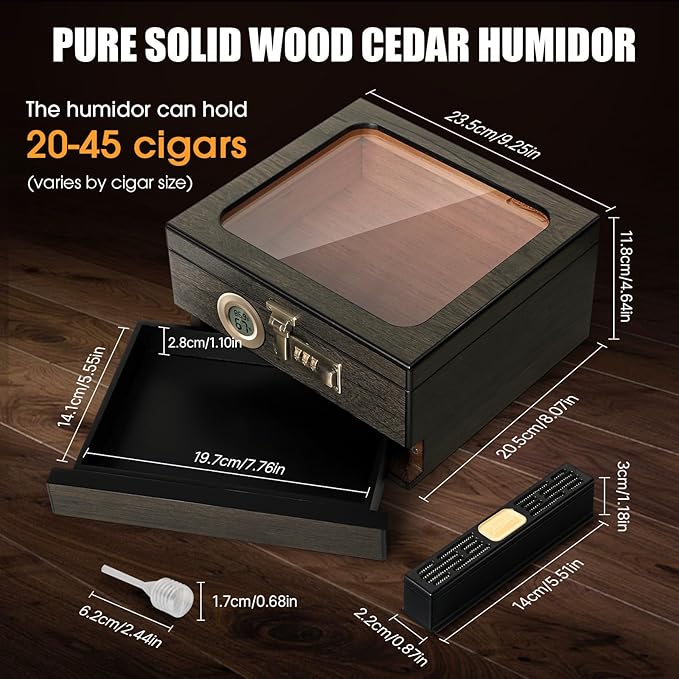 Cigar Humidor, Cedar Wood Humidor Cigar Box, Glass Top Desktop Humidor - Image 5