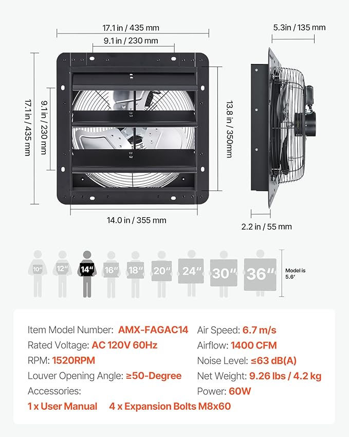VEVOR 14'' Exhaust Fan, Wall Mounted Attic Fan - Image 7