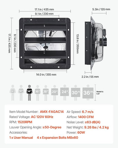 VEVOR 14'' Exhaust Fan, Wall Mounted Attic Fan - Image 7
