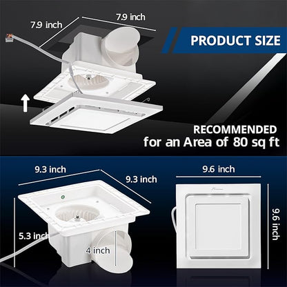10" Bathroom Exhaust Fan with Light, 110 CFM Powerful 1.0 Sone Quiet Vent Fan - Image 3