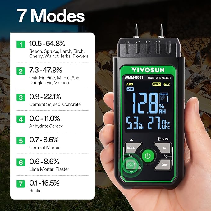 VIVOSUN Wood Moisture Meter, 3-In-1 Pin-Type Digital Moisture Tester, Ambient - Image 2