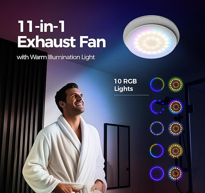 Bathroom Exhaust Fan with Light, 10 RGB Lights Upgraded 2 Way 6 Speed Bathroom - Image 3