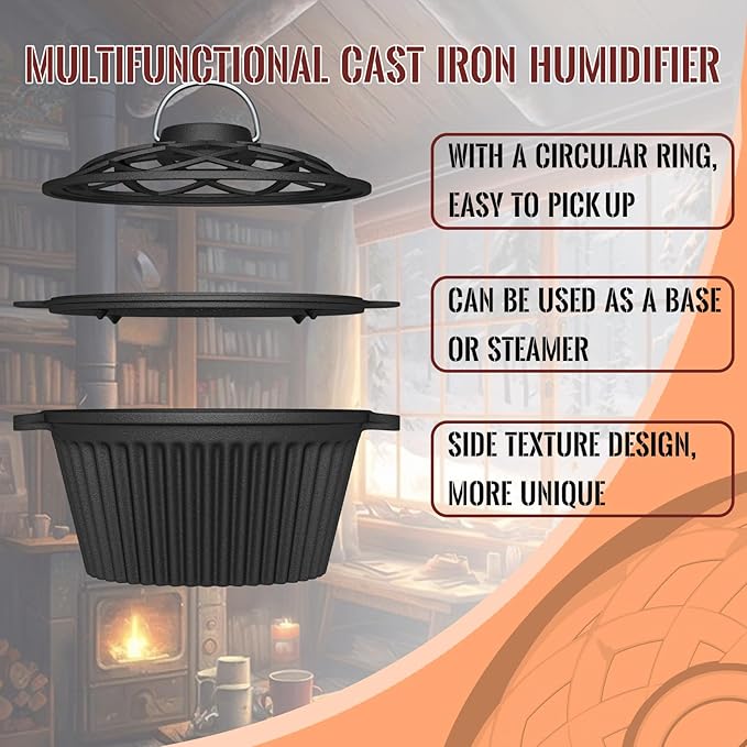 Dual-Layer Wood Stove Steamer/Humidifier + 6.5 Inch Octagon Cast Iron Skillet - Image 6
