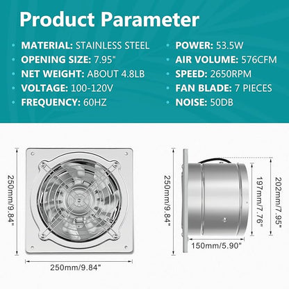 HG Power 8 Inch Kitchen Exhaust Fan, 576CFM Metal Attic Exhaust Fan, Wall - Image 2