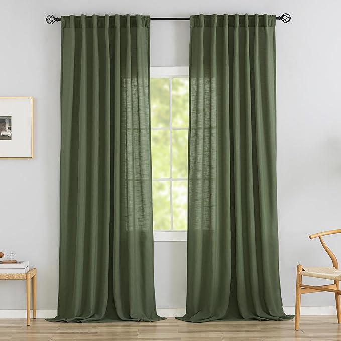 DR Olive Green Linen Back Tab Curtains by DONREN
