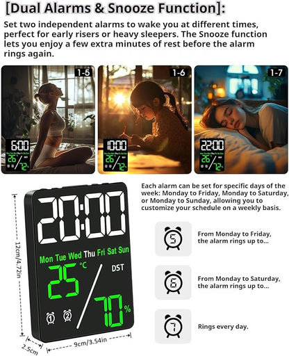 Digital LED Alarm Clock with Thermo-Hygrometer, Dual Alarms, Date & Year Display - Image 2