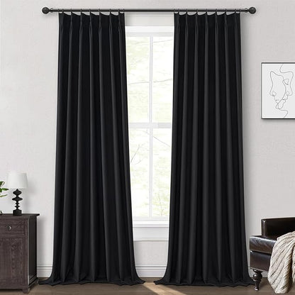Long Black Pinch Pleat Linen Blackout Curtains 100 Inches Long by QJMYDECO