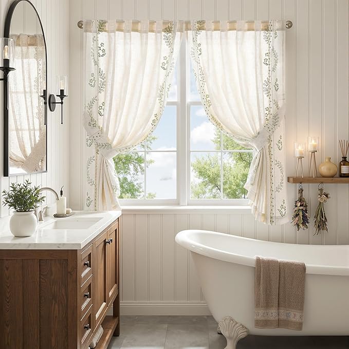 jinchan Belrose Linen Floral Cafe Curtains 54 Inch Length Embroidered Farmhouse - Image 9