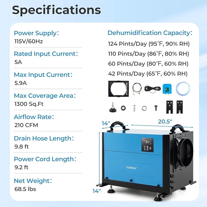 COSTWAY 124 PPD Commercial Dehumidifier, 1300 Sq.Ft Crawl Space Dehumidifier - Image 8