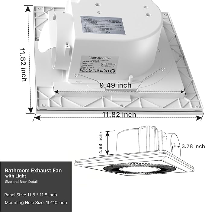 Bathroom Exhaust Fan with Light 165CFM Shower Bathroom Vent Fan with 11.8IN 15w - Image 7