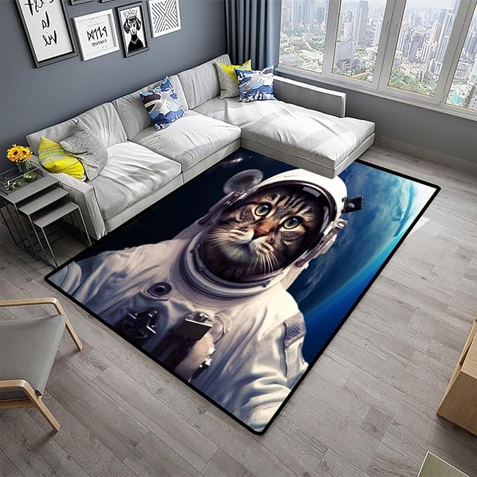 Rug, Space Kitten Pattern Printing Washable Area Rugs Fade Resistant, Flame - Image 2