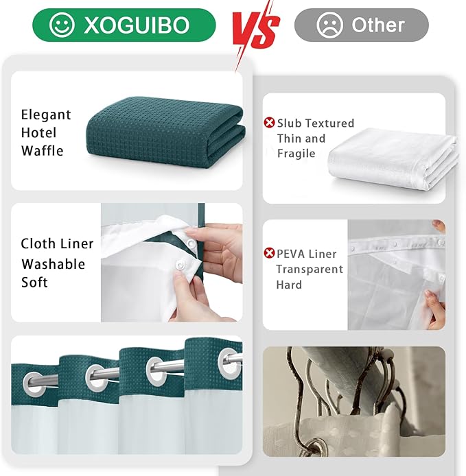 No Hook Shower Curtain and Liner Set, Seaweed Green Hotel Waffle Shower Curtain - Image 5