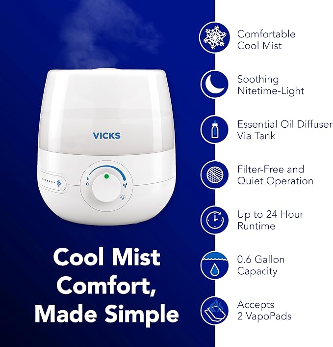 Vicks NaturalCare Cool Mist Ultrasonic Humidifier, Small Room Humidifier - Image 2