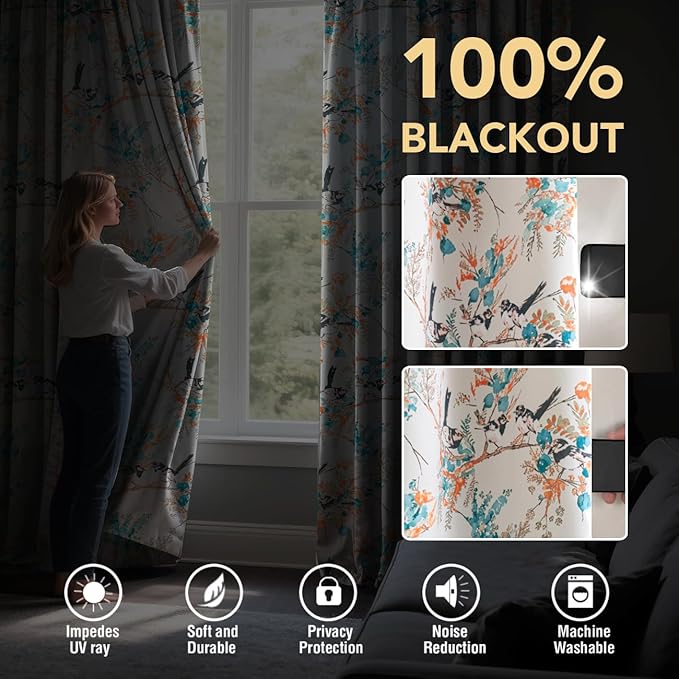 H.VERSAILTEX 100% Blackout Floral Curtains 63 inch Length 2 Panels Printed - Image 3