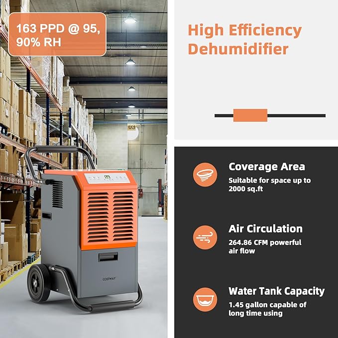 COSTWAY 163 Pints Commercial Dehumidifier, 4500 Sq.Ft Crawl Space Dehumidifier - Image 2