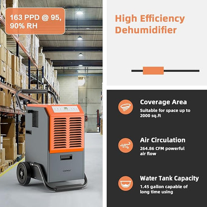 COSTWAY 163 Pints Commercial Dehumidifier, 4500 Sq.Ft Crawl Space Dehumidifier - Image 2