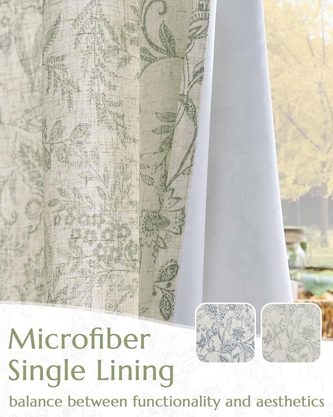 Vangao Lined Linen Curtains for Bedroom Floral Curtains 84 Inches Long Green - Image 3