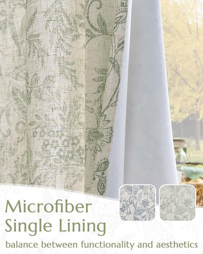 Vangao Lined Linen Curtains for Bedroom Floral Curtains 96 Inches Long Green - Image 3