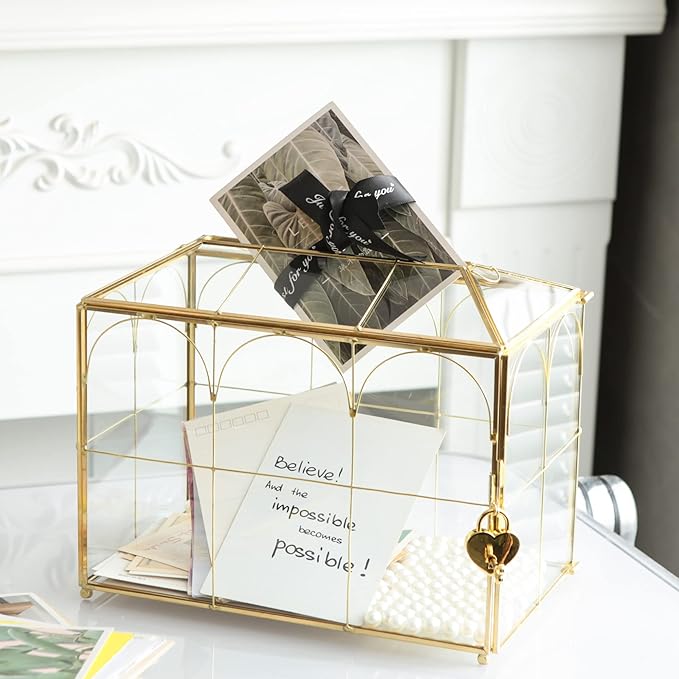 Glass Card Box with Slot, 10.2 inch Large Gold Clear Card Box - Image 3