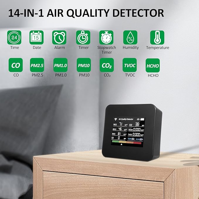 14 in 1 Indoor Air Quality Monitor Air Quality Detector CO₂ CO TVOC HCHO - Image 2