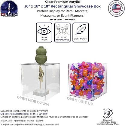 16" x 16" x 18" Clear Acrylic Display Box No Lid Versatile Square Plexiglass - Image 2