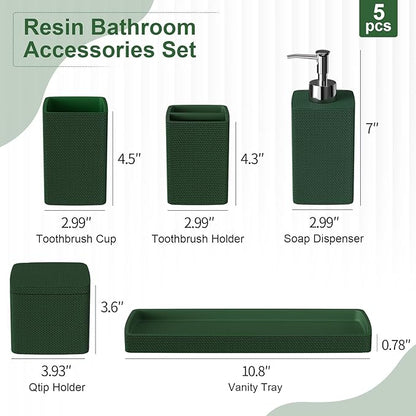 Dark Green Bathroom Accessories Set 5 Pieces, Resin Toothbrush Holders Set - Image 7