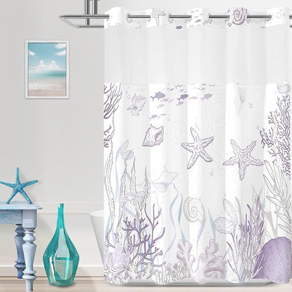 No Hook Shower Curtain with Snap in Liner, Beach Ocean Nautical Coastal Shower by TWLSNCD