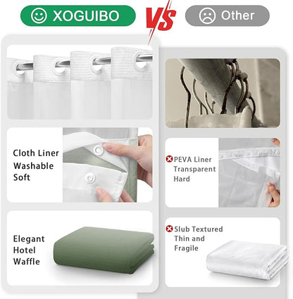 No Hook Shower Curtain and Liner Set, Ombre Green Hotel Waffle Shower Curtain - Image 4