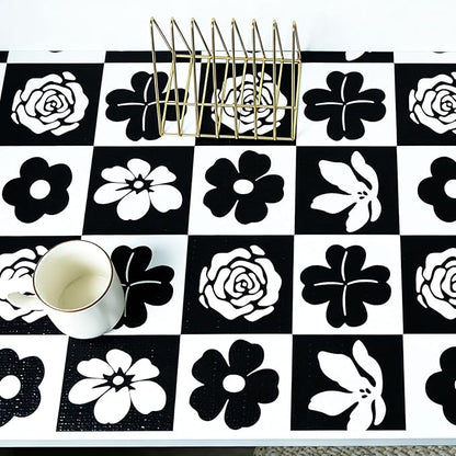 Shelf Liners Non Adhesive Black & White Checkerboard Floral - Image 8