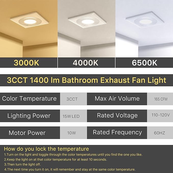 Bathroom Exhaust Fan with Light 165CFM Shower Bathroom Vent Fan with 11.8IN 15w - Image 4