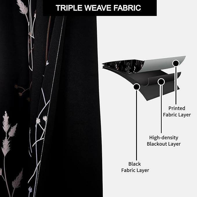 Black Leaves Blackout Curtains 84 Inches, Room Darkening Curtains - Image 3