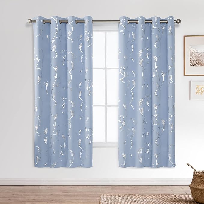 BUHUA Blue Blackout Curtain 2 Panel Set Vine Foil Print Thermal Insulated - Image 2